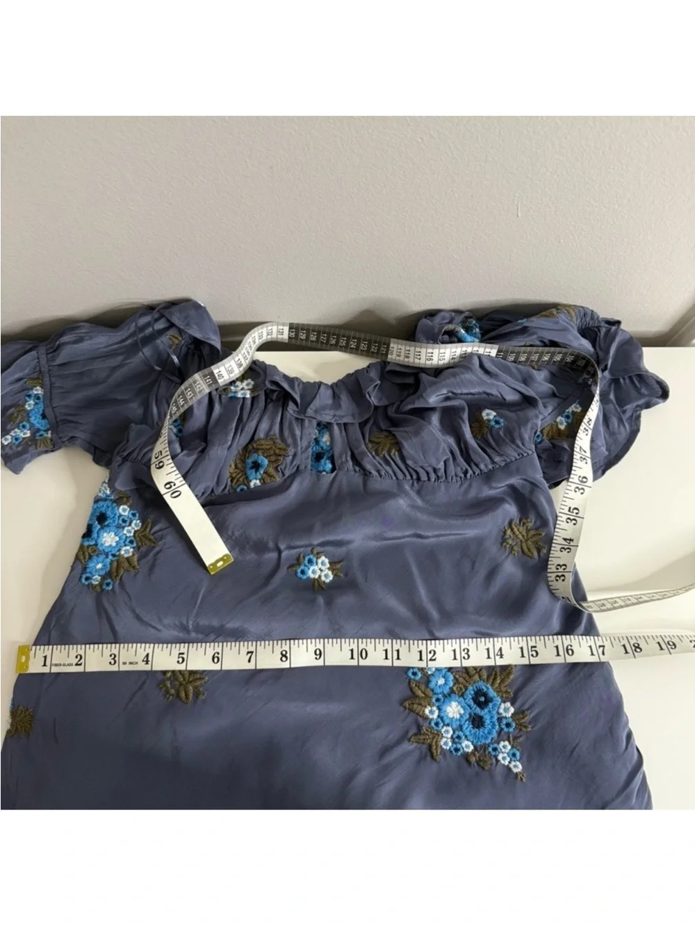 Free People Bali Santa Cruz Ruffle Floral Embroidery Blue Maxi Dress Medium NWT